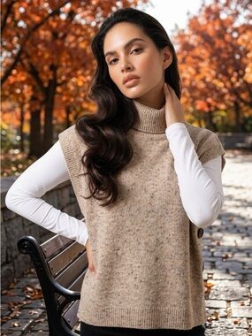 Sleeveless Cowl Turtleneck Knit Vest in Speckled Beige